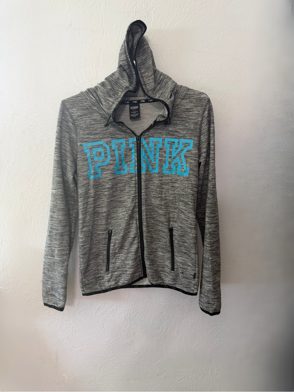 PINK Victoria's Secret Gray Hooded Zip Jacket with Turquoise Logo